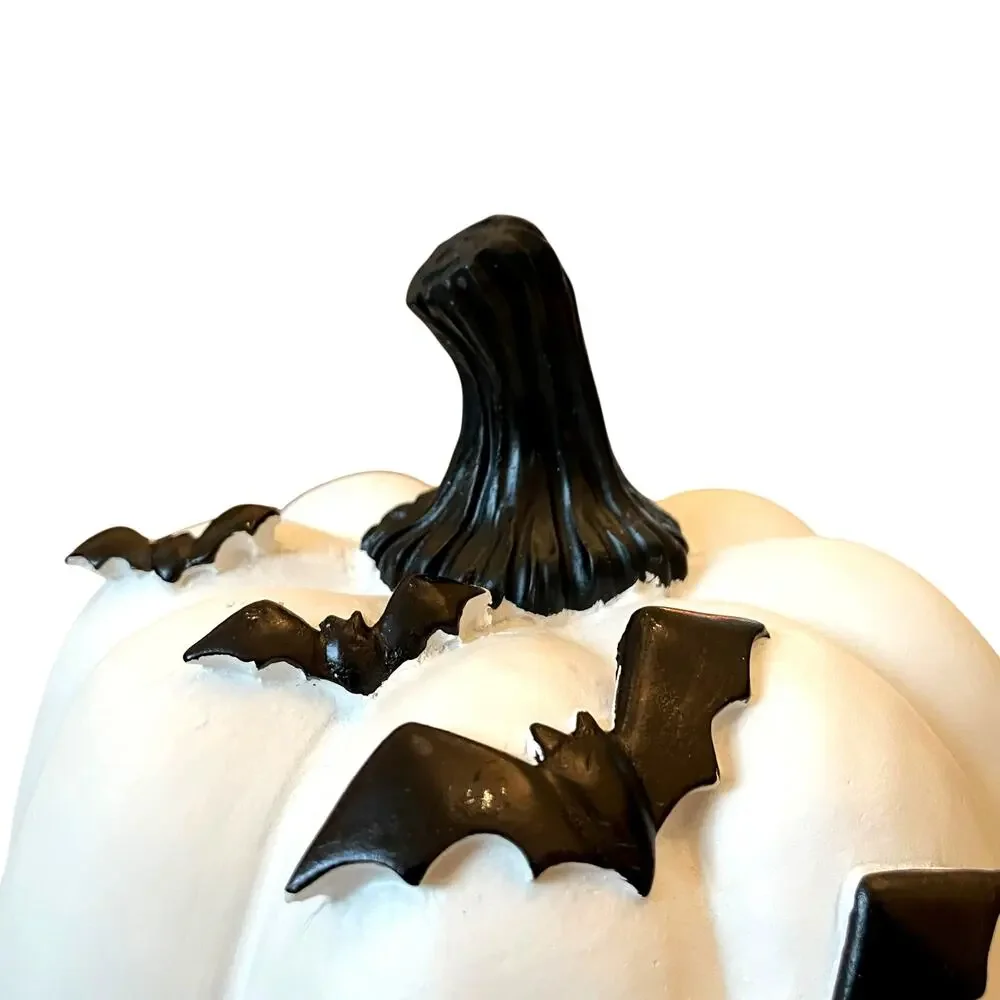 Black Flying Bats White Resin Pumpkin 12in Hauntingly Chic Halloween Decor NEW